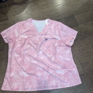 Figs Pink Tie-Dye V-Neck Scrub Top